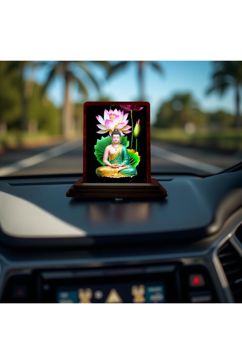 Car Desk/Table Top Lord Buddha Wooden Photo Stand 3x4 Inches, Compact & Stylish Spiritual Display For Car, Home & Office (Pack Of 1) (F14410)