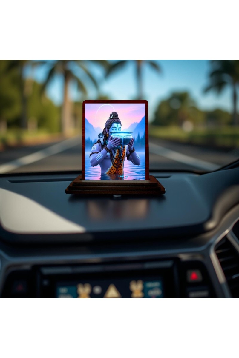 Car Desk/Table Top Lord Shiva Wooden Photo Stand 3x4 Inches, Compact & Stylish Spiritual Display For Car, Home & Office (Pack Of 1) (F14425)