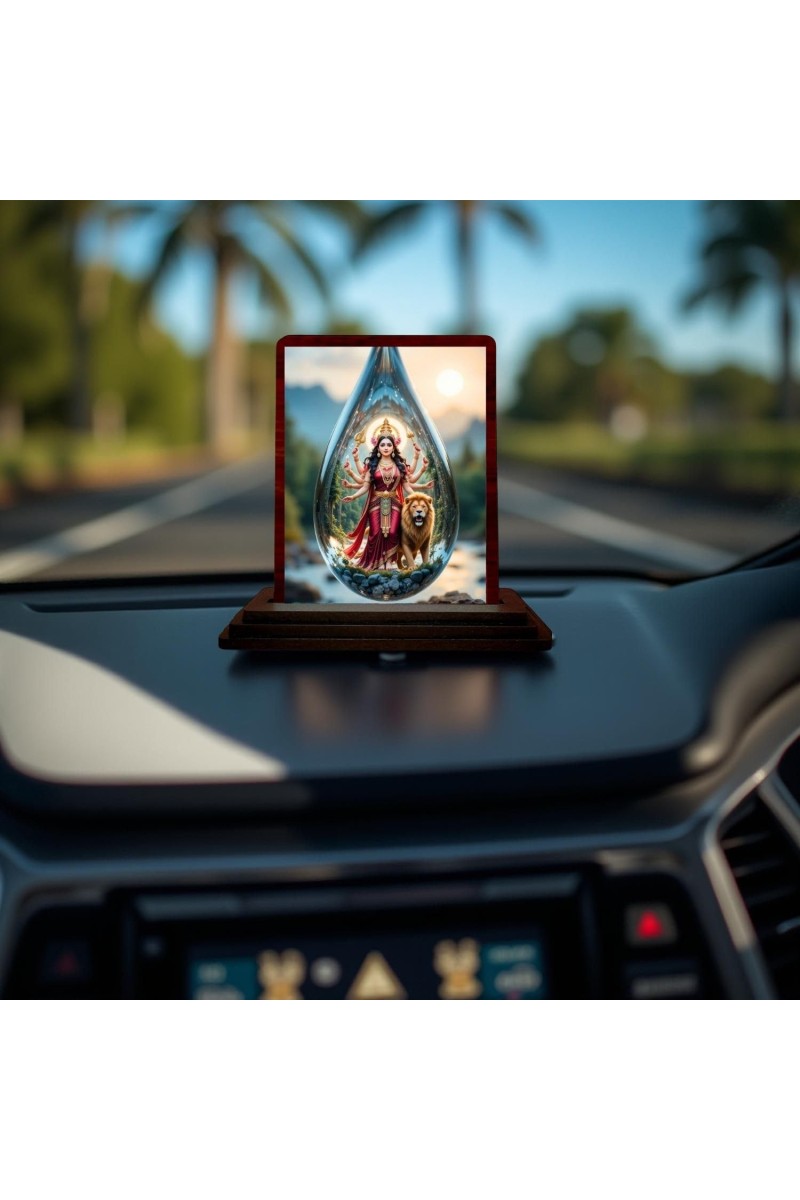 Car Desk/Table Top Goddess Durga Wooden Photo Stand 3x4 Inches, Compact & Stylish Spiritual Display For Car, Home & Office (Pack Of 1) (F14426)