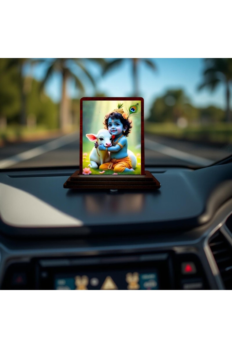 Car Desk/Table Top Lord Krishna Wooden Photo Stand 3x4 Inches, Compact & Stylish Spiritual Display For Car, Home & Office (Pack Of 1) (F14501)