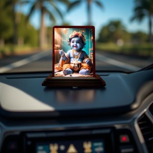 Car Desk/Table Top Lord Krishna Wooden Photo Stand 3x4 Inches, Compact & Stylish Spiritual Display For Car, Home & Office (Pack Of 1) (F14473)