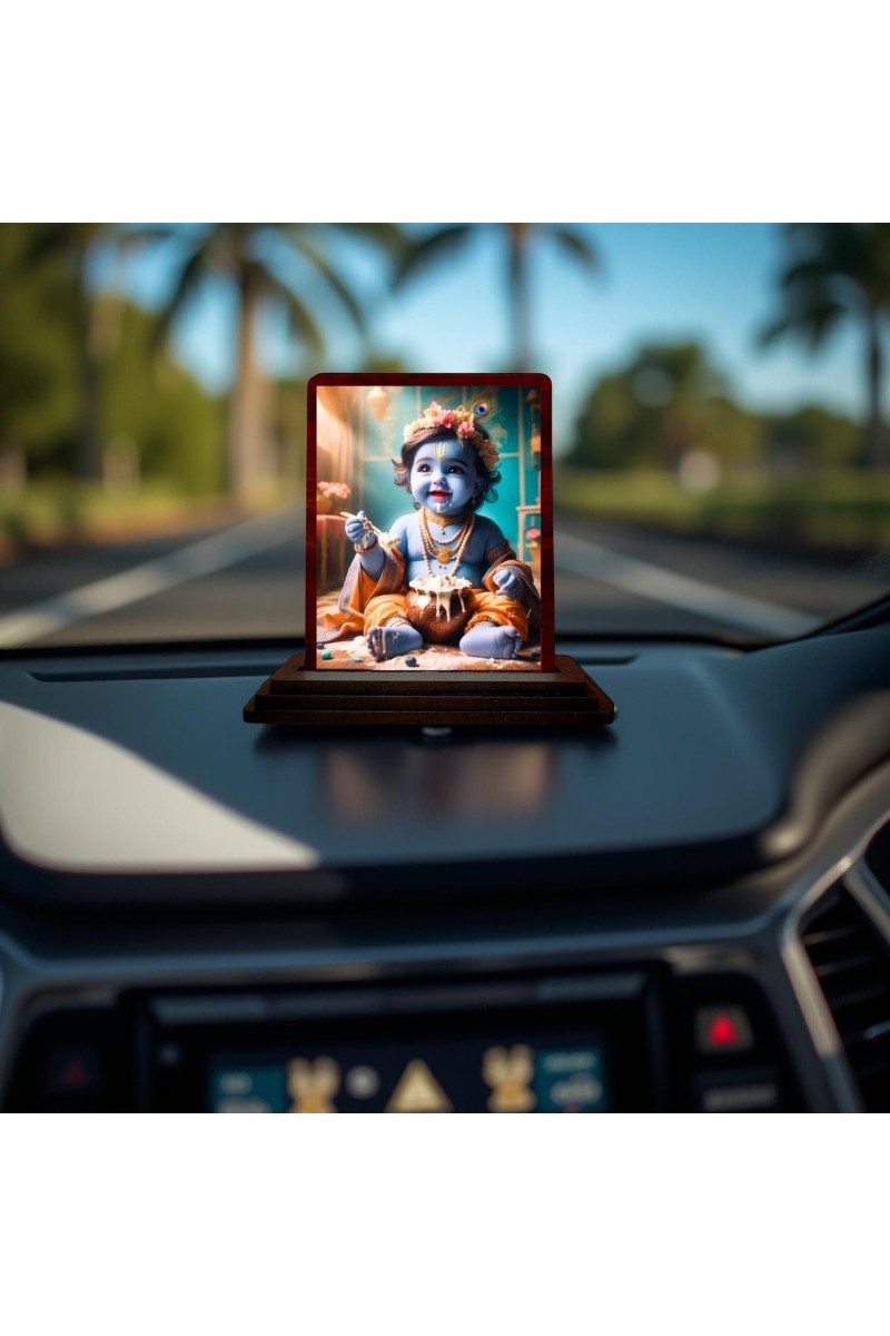 Car Desk/Table Top Lord Krishna Wooden Photo Stand 3x4 Inches, Compact & Stylish Spiritual Display For Car, Home & Office (Pack Of 1) (F14473)