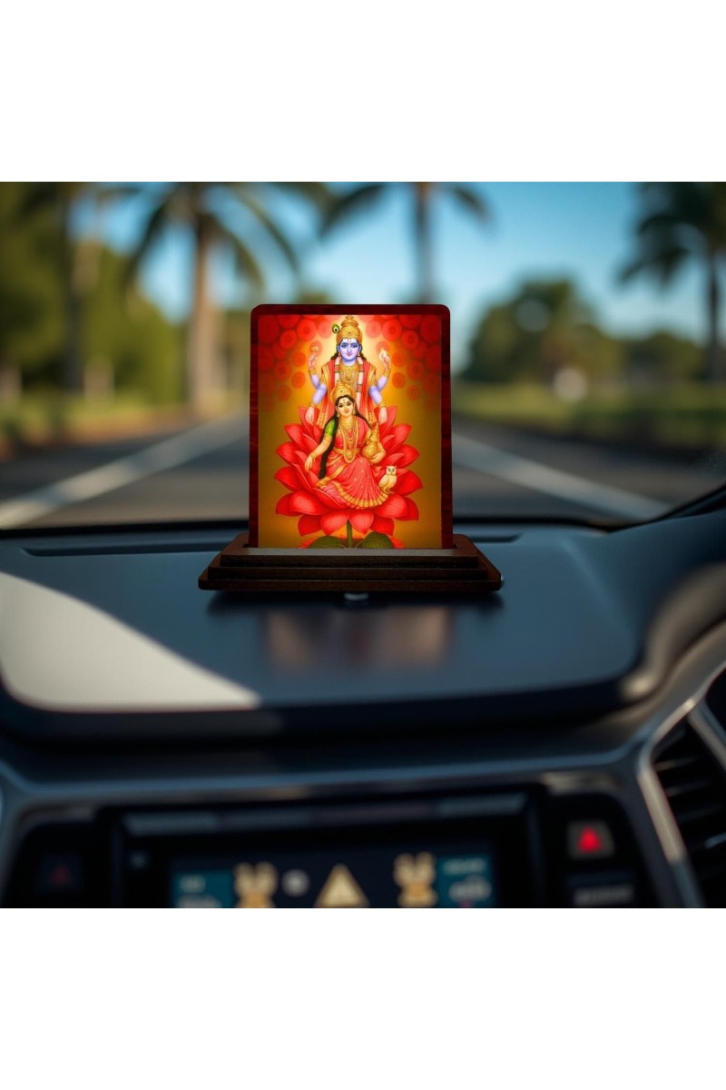 Car Desk/Table Top Lord Vishnu Lakshmi Wooden Photo Stand 3x4 Inches, Compact & Stylish Spiritual Display For Car, Home & Office (Pack Of 1) (F14562)
