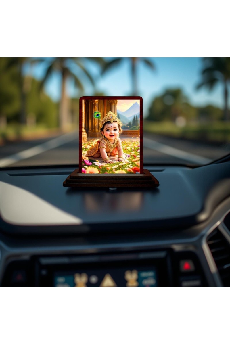 Car Desk/Table Top Lord Krishna Wooden Photo Stand 3x4 Inches, Compact & Stylish Spiritual Display For Car, Home & Office (Pack Of 1) (F14591)