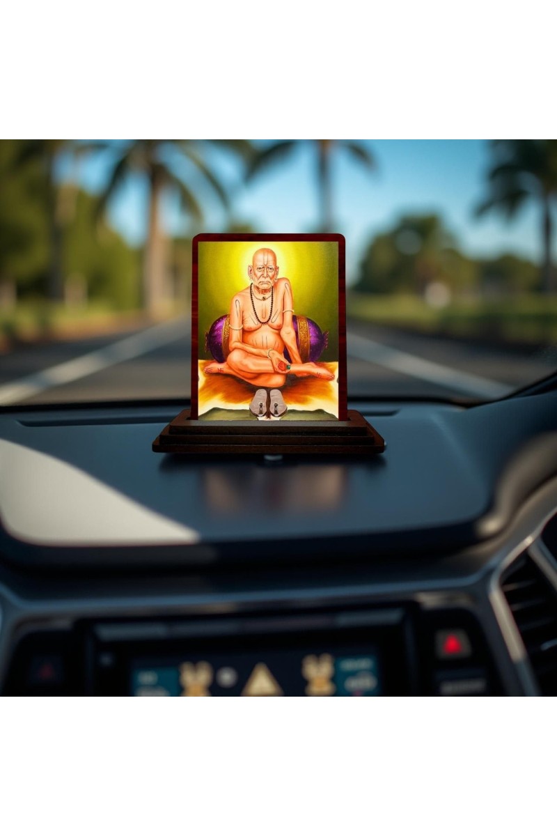Car Desk/Table Top Swami Samarth Wooden Photo Stand 3x4 Inches, Compact & Stylish Spiritual Display For Car, Home & Office (Pack Of 1) (F14493)