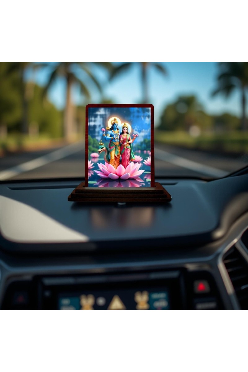 Car Desk/Table Top Lord Vishnu And Lakshmi Wooden Photo Stand 3x4 Inches, Compact & Stylish Spiritual Display For Car, Home & Office (Pack Of 1) (F14603)