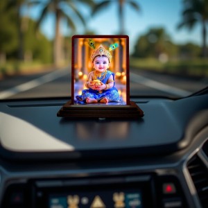 Car Desk/Table Top Lord Krishna Wooden Photo Stand 3x4 Inches, Compact & Stylish Spiritual Display For Car, Home & Office (Pack Of 1) (F14496)