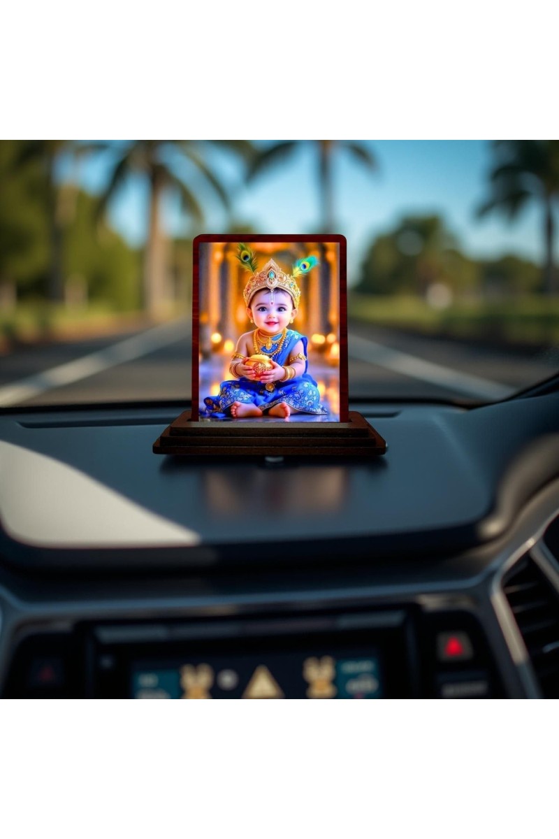 Car Desk/Table Top Lord Krishna Wooden Photo Stand 3x4 Inches, Compact & Stylish Spiritual Display For Car, Home & Office (Pack Of 1) (F14496)