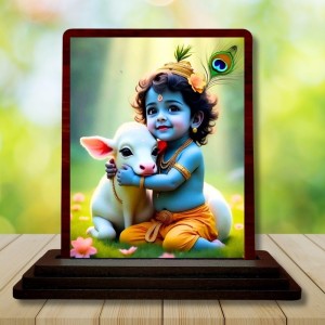Car Desk/Table Top Lord Krishna Wooden Photo Stand 3x4 Inches, Compact & Stylish Spiritual Display For Car, Home & Office (Pack Of 1) (F14501)