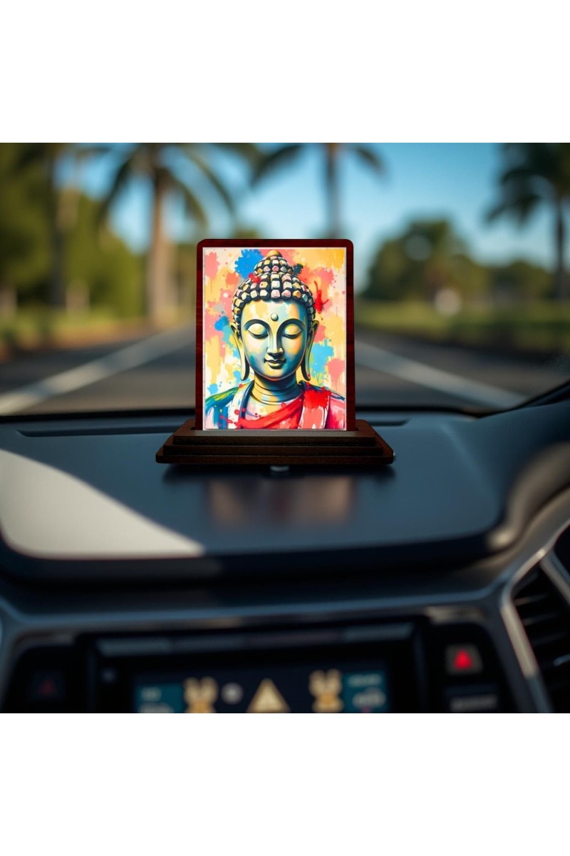 Car Desk/Table Top Lord Buddha Wooden Photo Stand 3x4 Inches, Compact & Stylish Spiritual Display For Car, Home & Office (Pack Of 1) (F14507)