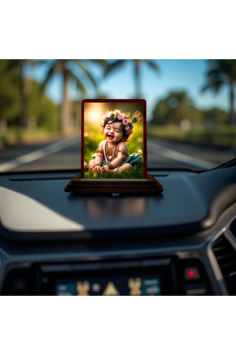 Car Desk/Table Top Lord Krishna Wooden Photo Stand 3x4 Inches, Compact & Stylish Spiritual Display For Car, Home & Office (Pack Of 1) (F14487)