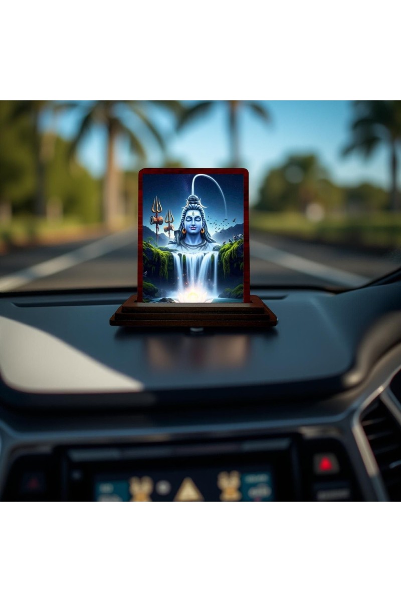 Car Desk/Table Top Lord Shiva Wooden Photo Stand 3x4 Inches, Compact & Stylish Spiritual Display For Car, Home & Office (Pack Of 1) (F14627)