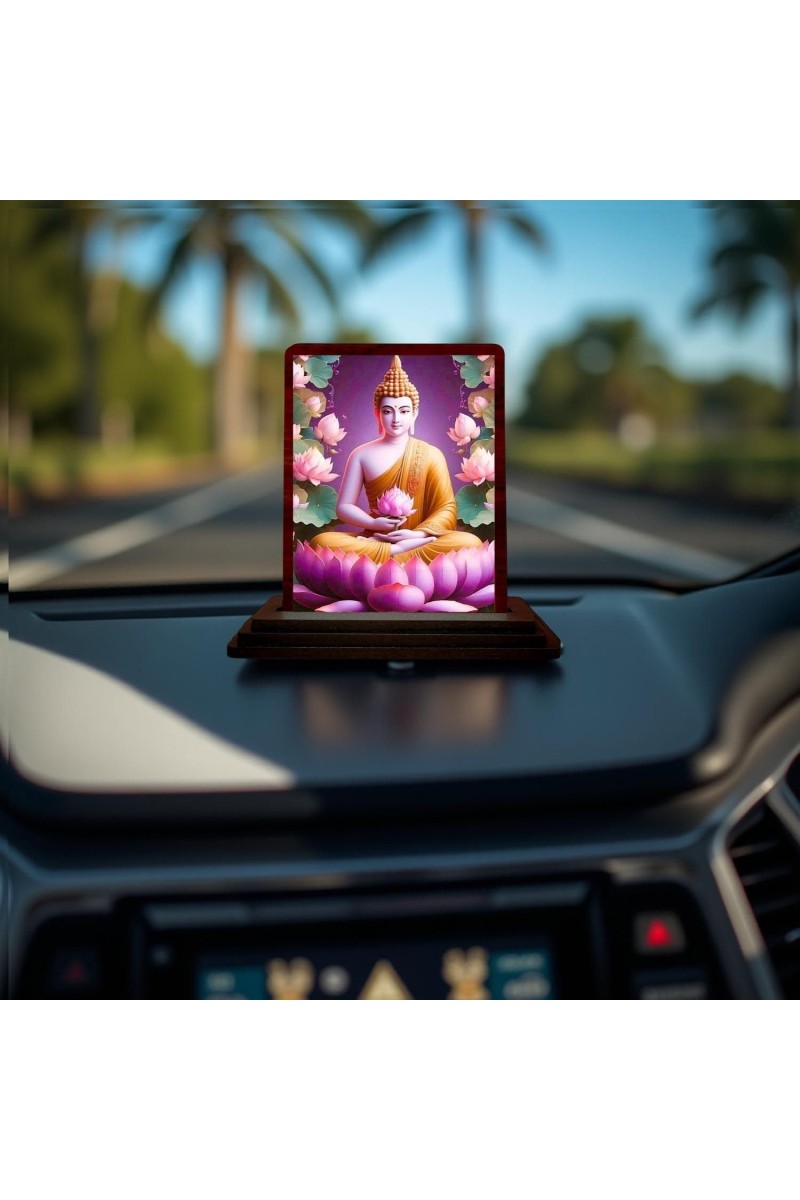 Car Desk/Table Top Lord Buddha Wooden Photo Stand 3x4 Inches, Compact & Stylish Spiritual Display For Car, Home & Office (Pack Of 1) (F14415)
