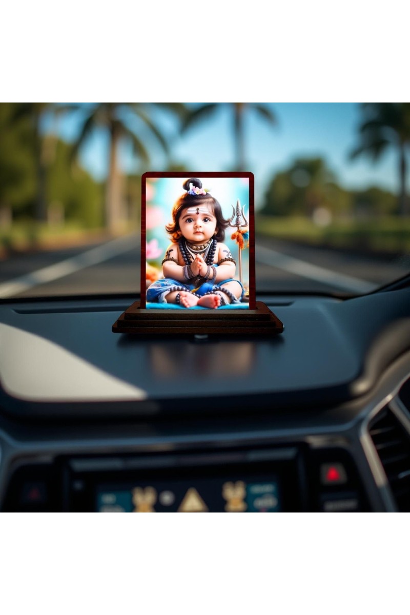 Car Desk/Table Top Lord Shiva Wooden Photo Stand 3x4 Inches, Compact & Stylish Spiritual Display For Car, Home & Office (Pack Of 1) (F14505)