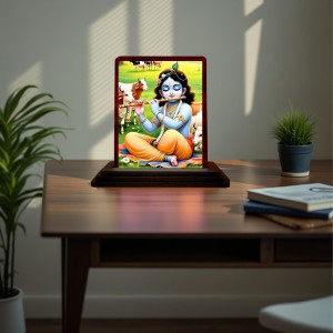 Car Desk/Table Top Lord Krishna Wooden Photo Stand 3x4 Inches, Compact & Stylish Spiritual Display For Car, Home & Office (Pack Of 1) (F14593)