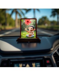 Car Desk/Table Top Lord Ganesha Wooden Photo Stand 3x4 Inches, Compact & Stylish Spiritual Display For Car, Home & Office (Pack Of 1) (F14394)