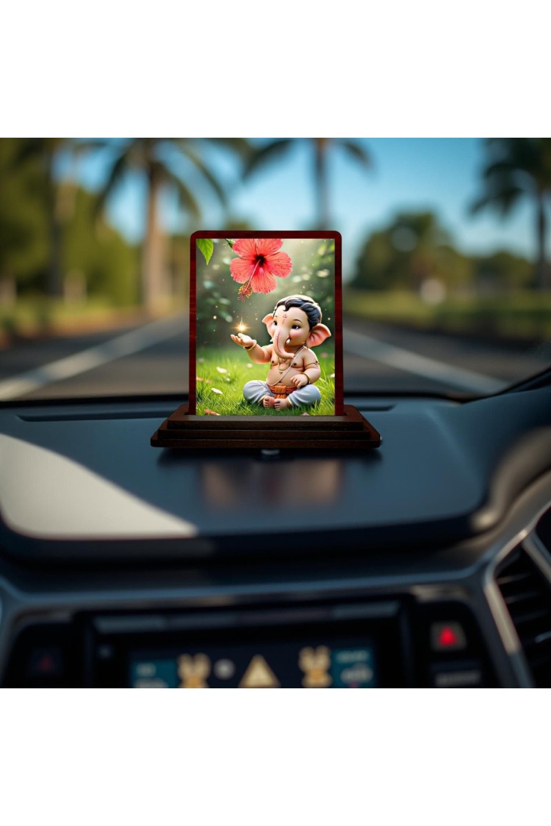 Car Desk/Table Top Lord Ganesha Wooden Photo Stand 3x4 Inches, Compact & Stylish Spiritual Display For Car, Home & Office (Pack Of 1) (F14394)