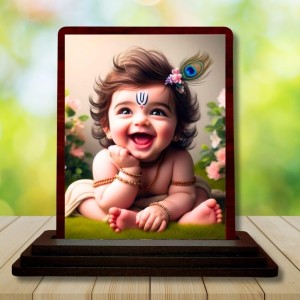 Car Desk/Table Top Lord Krishna Wooden Photo Stand 3x4 Inches, Compact & Stylish Spiritual Display For Car, Home & Office (Pack Of 1) (F14503)