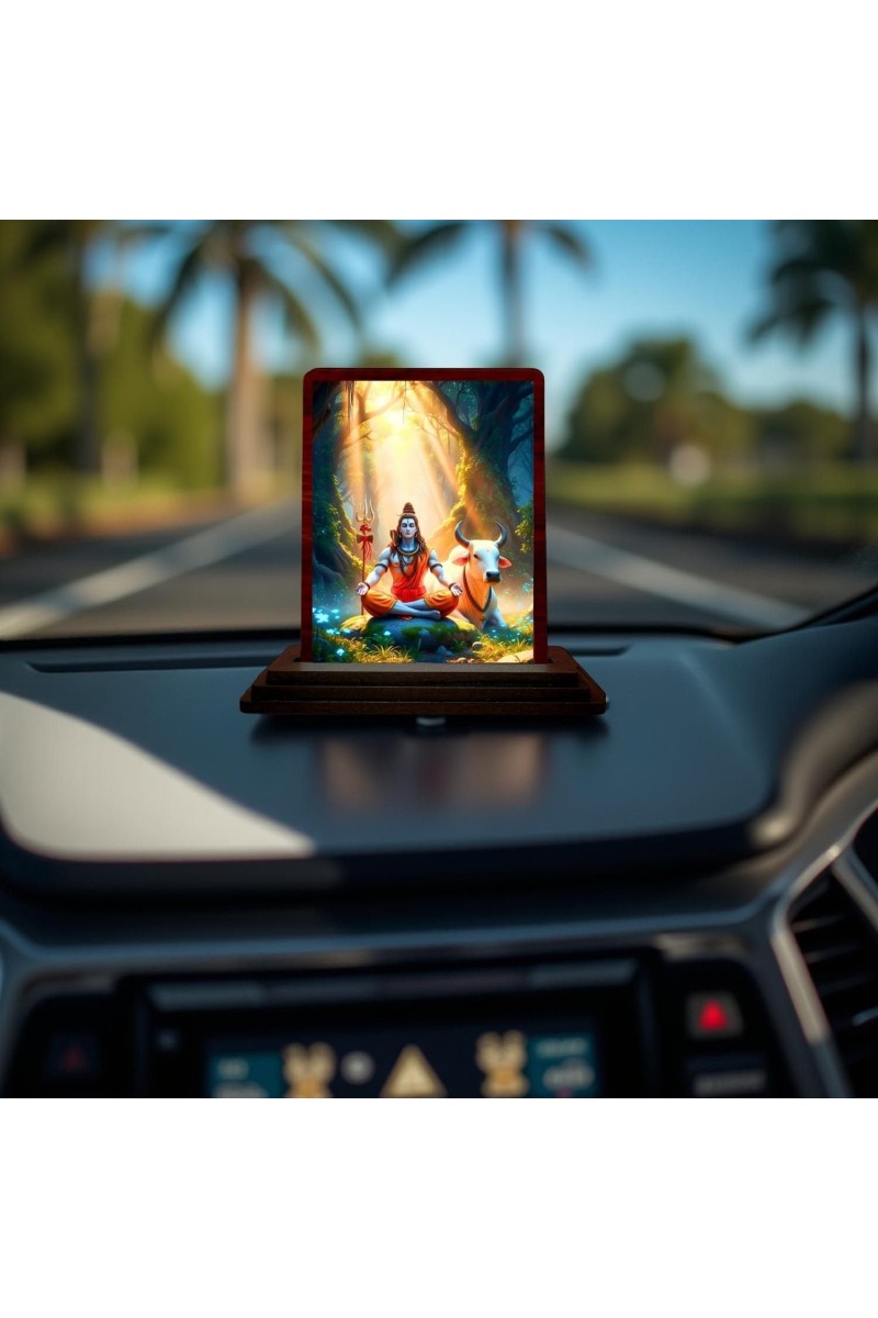 Car Desk/Table Top Lord Shiva Wooden Photo Stand 3x4 Inches, Compact & Stylish Spiritual Display For Car, Home & Office (Pack Of 1) (F14626)