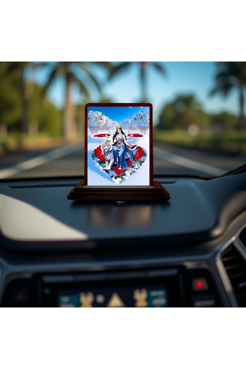 Car Desk/Table Top Goddess Durga Matha Wooden Photo Stand 3x4 Inches, Compact & Stylish Spiritual Display For Car, Home & Office (Pack Of 1) (F14418)