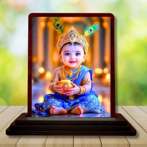 Car Desk/Table Top Lord Krishna Wooden Photo Stand 3x4 Inches, Compact & Stylish Spiritual Display For Car, Home & Office (Pack Of 1) (F14496)