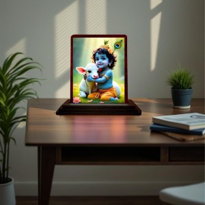 Car Desk/Table Top Lord Krishna Wooden Photo Stand 3x4 Inches, Compact & Stylish Spiritual Display For Car, Home & Office (Pack Of 1) (F14501)