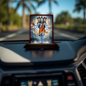 Car Desk/Table Top Lord Shiva Wooden Photo Stand 3x4 Inches, Compact & Stylish Spiritual Display For Car, Home & Office (Pack Of 1) (F14573)