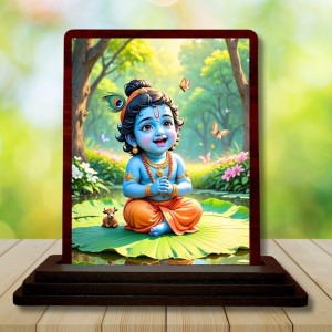 Car Desk/Table Top Lord Krishna Wooden Photo Stand 3x4 Inches, Compact & Stylish Spiritual Display For Car, Home & Office (Pack Of 1) (F14592)