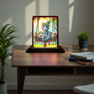 Car Desk/Table Top Lord Krishna Wooden Photo Stand 3x4 Inches, Compact & Stylish Spiritual Display For Car, Home & Office (Pack Of 1) (F14506)