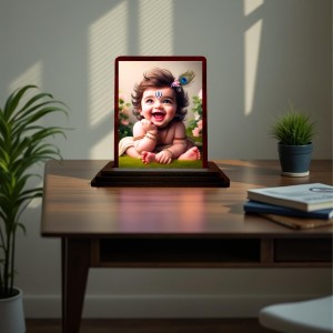 Car Desk/Table Top Lord Krishna Wooden Photo Stand 3x4 Inches, Compact & Stylish Spiritual Display For Car, Home & Office (Pack Of 1) (F14503)