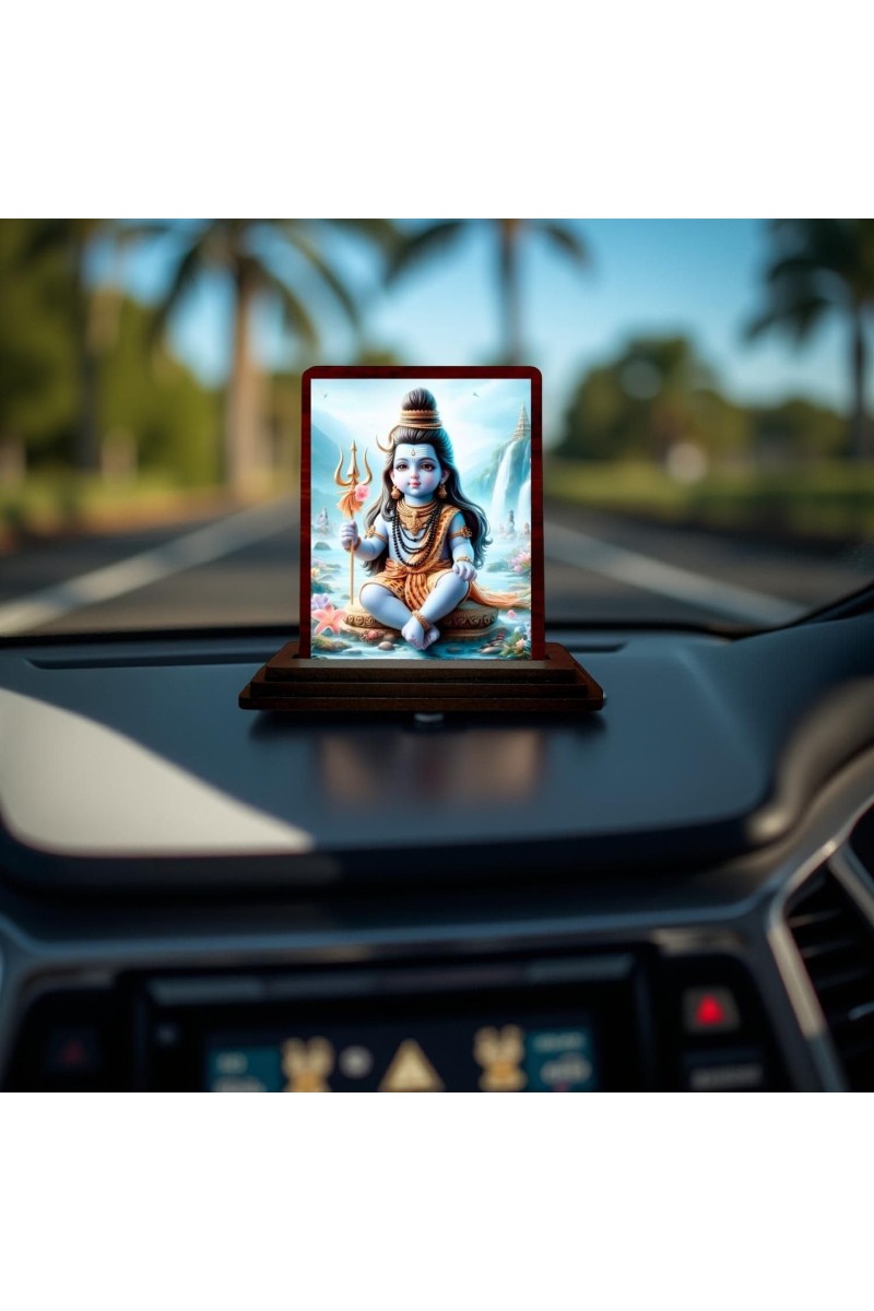 Car Desk/Table Top Lord Shiva Wooden Photo Stand 3x4 Inches, Compact & Stylish Spiritual Display For Car, Home & Office (Pack Of 1) (F14397)