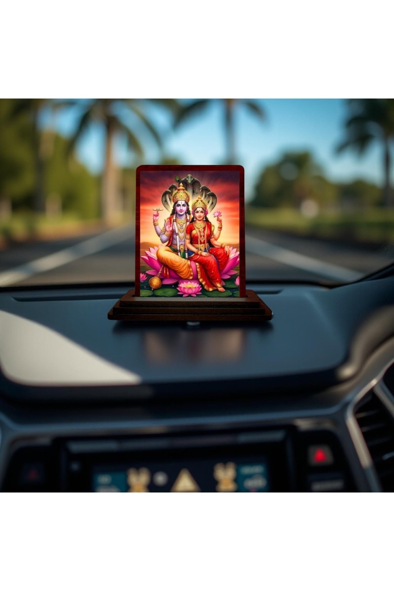 Car Desk/Table Top Lord Vishnu Lakshmi Wooden Photo Stand 3x4 Inches, Compact & Stylish Spiritual Display For Car, Home & Office (Pack Of 1) (F14561)