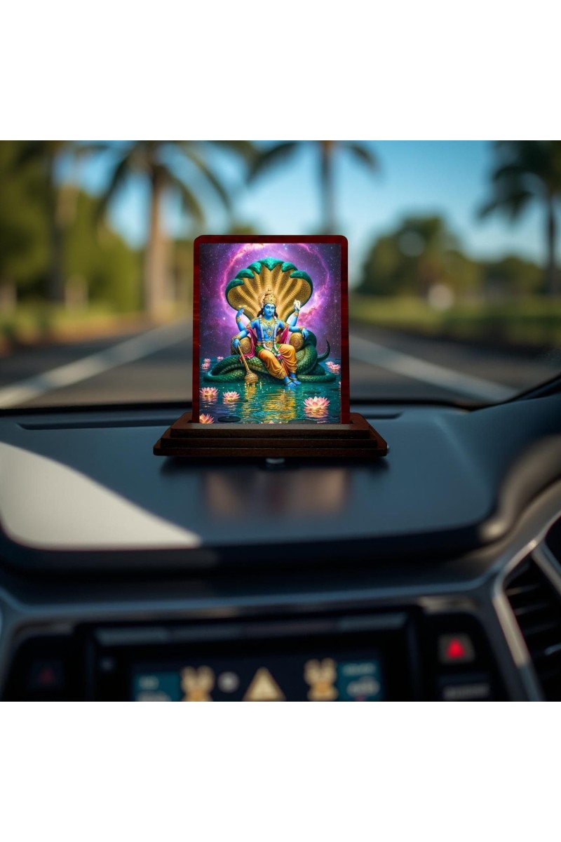 Car Desk/Table Top Lord Vishnu Wooden Photo Stand 3x4 Inches, Compact & Stylish Spiritual Display For Car, Home & Office (Pack Of 1) (F14605)
