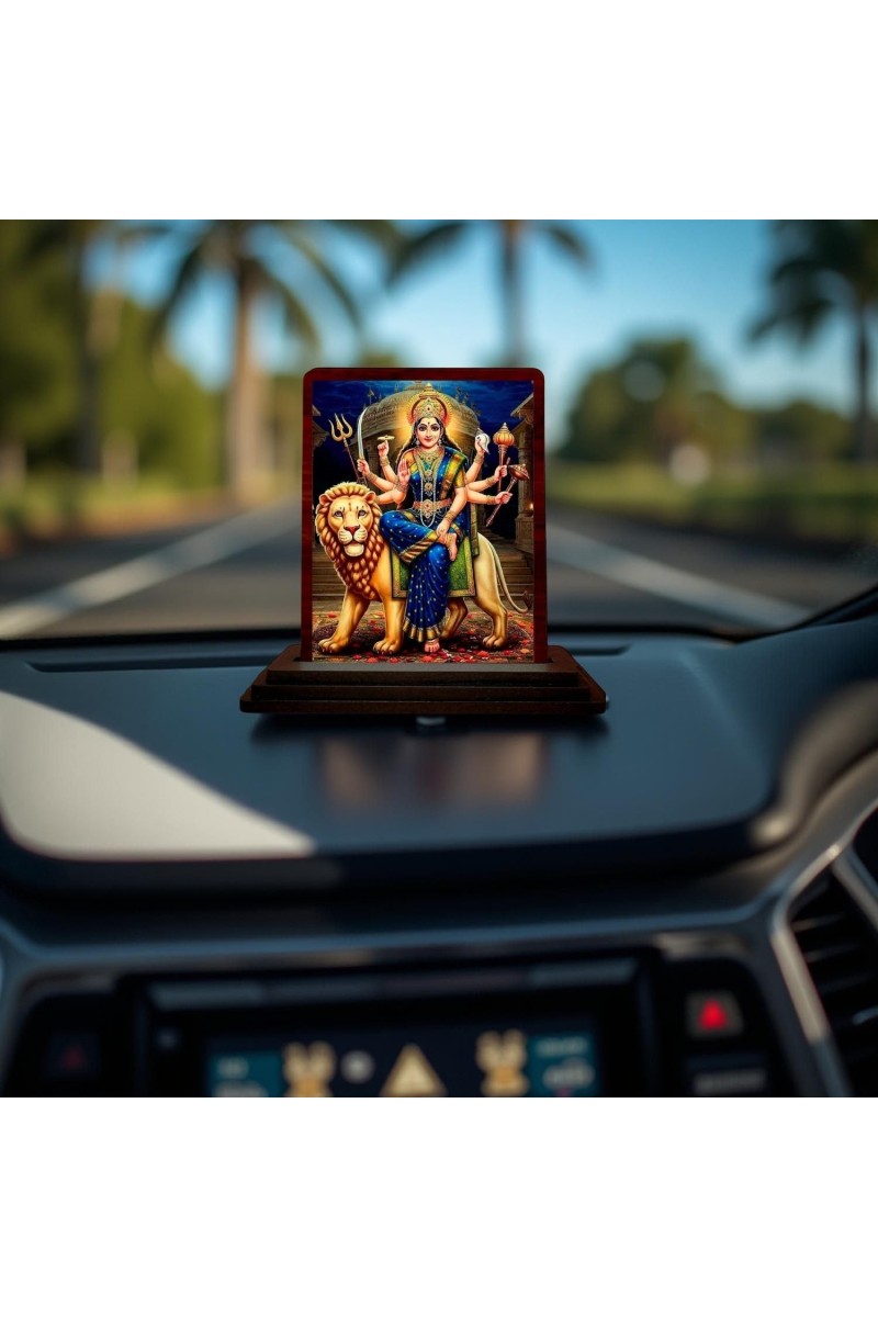 Car Desk/Table Top Goddess Durga Wooden Photo Stand 3x4 Inches, Compact & Stylish Spiritual Display For Car, Home & Office (Pack Of 1) (F14412)
