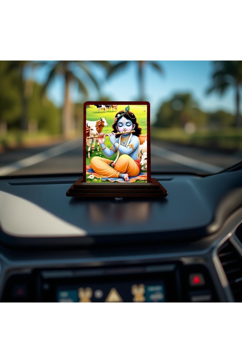 Car Desk/Table Top Lord Krishna Wooden Photo Stand 3x4 Inches, Compact & Stylish Spiritual Display For Car, Home & Office (Pack Of 1) (F14593)
