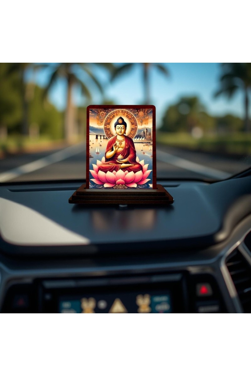 Car Desk/Table Top Lord Buddha Wooden Photo Stand 3x4 Inches, Compact & Stylish Spiritual Display For Car, Home & Office (Pack Of 1) (F14460)