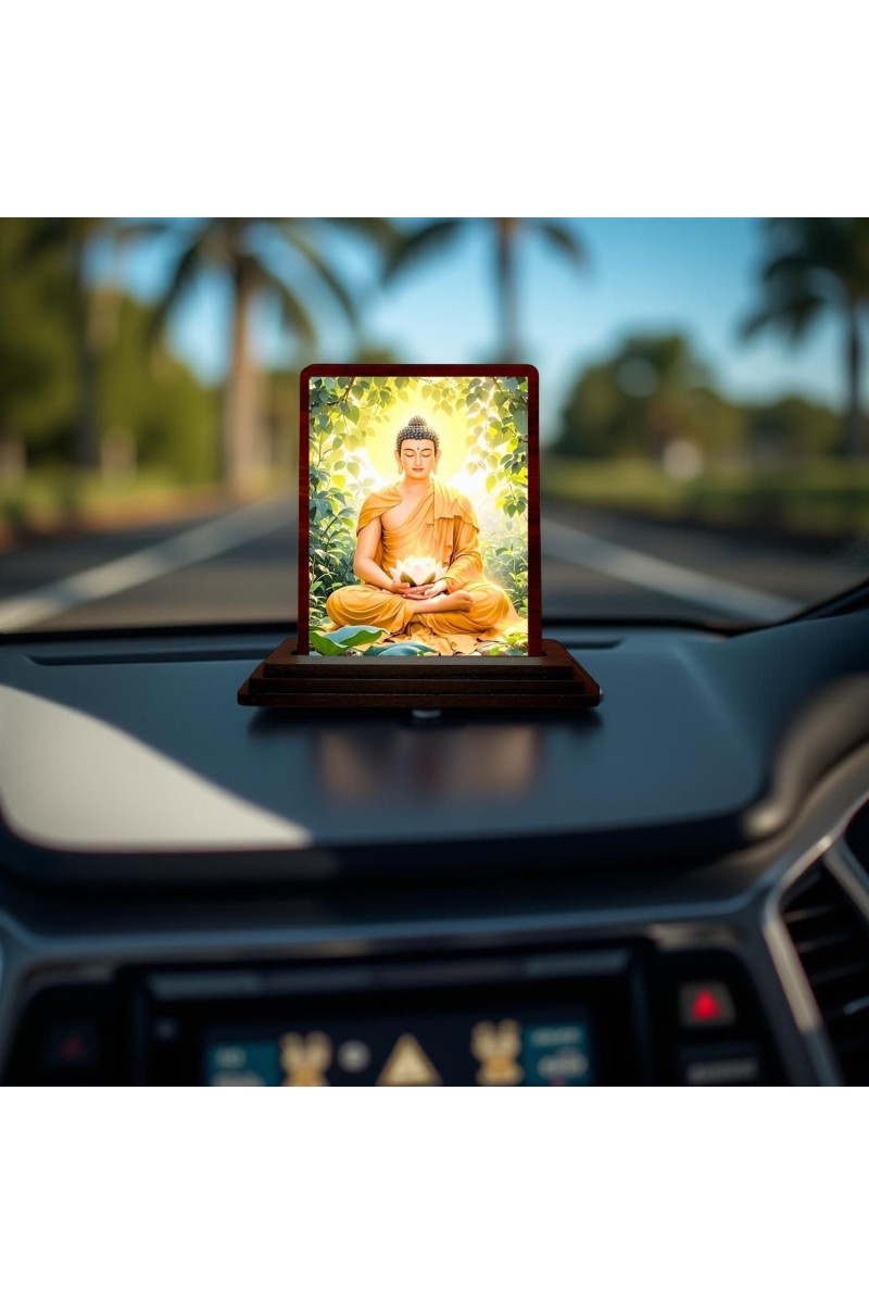 Car Desk/Table Top Lord Buddha Wooden Photo Stand 3x4 Inches, Compact & Stylish Spiritual Display For Car, Home & Office (Pack Of 1) (F14440)