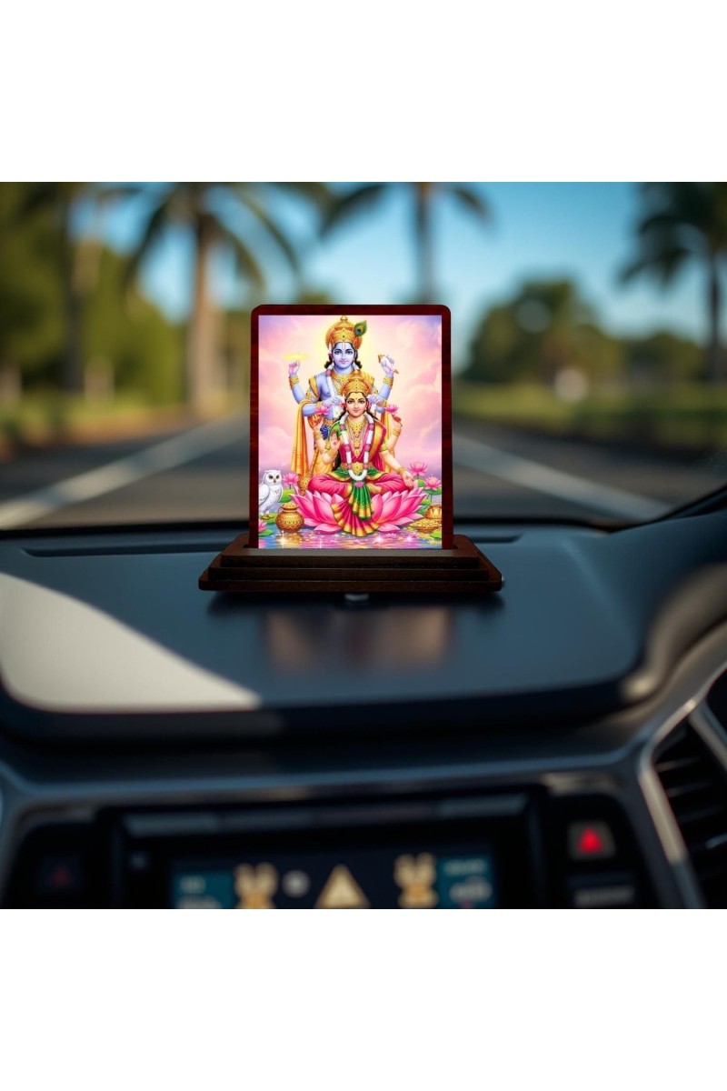 Car Desk/Table Top Lord Vishnu Lakshmi Wooden Photo Stand 3x4 Inches, Compact & Stylish Spiritual Display For Car, Home & Office (Pack Of 1) (F14563)
