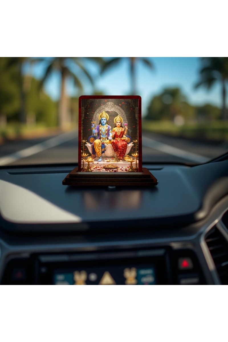 Car Desk/Table Top Lord Vishnu And Lakshmi Wooden Photo Stand 3x4 Inches, Compact & Stylish Spiritual Display For Car, Home & Office (Pack Of 1) (F14610)
