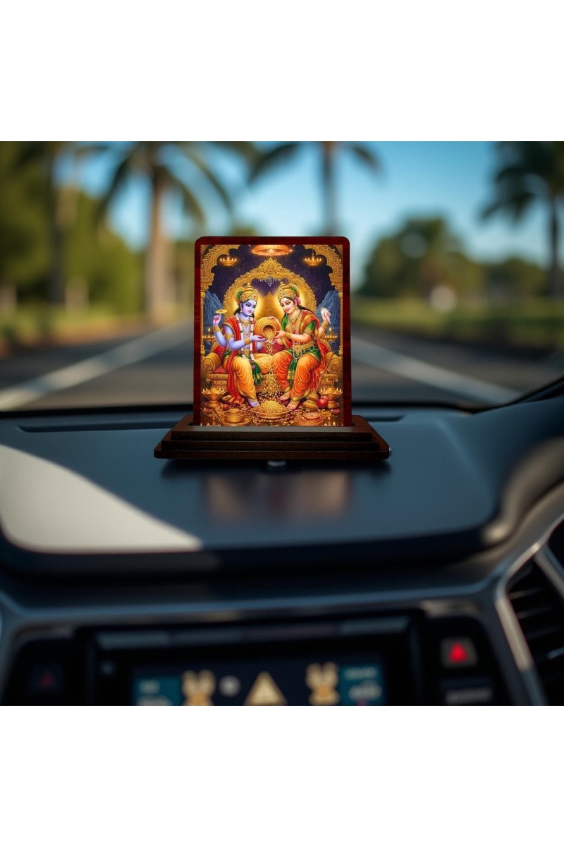 Car Desk/Table Top Lord Vishnu Lakshmi Wooden Photo Stand 3x4 Inches, Compact & Stylish Spiritual Display For Car, Home & Office (Pack Of 1) (F14565)