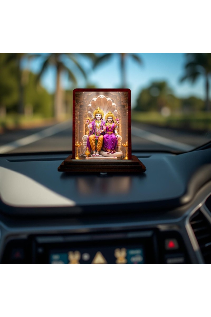 Car Desk/Table Top Lord Vishnu And Lakshmi Wooden Photo Stand 3x4 Inches, Compact & Stylish Spiritual Display For Car, Home & Office (Pack Of 1) (F14611)