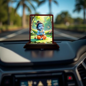 Car Desk/Table Top Lord Krishna Wooden Photo Stand 3x4 Inches, Compact & Stylish Spiritual Display For Car, Home & Office (Pack Of 1) (F14592)