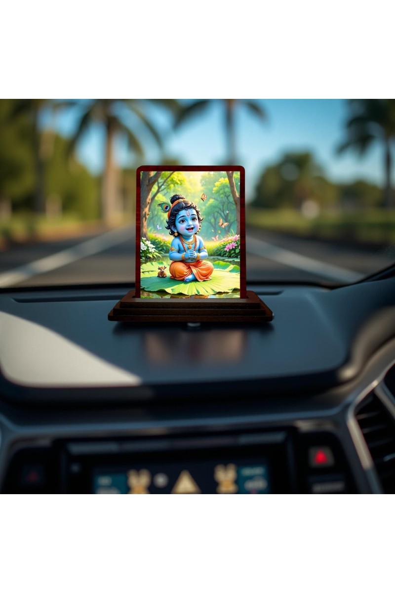 Car Desk/Table Top Lord Krishna Wooden Photo Stand 3x4 Inches, Compact & Stylish Spiritual Display For Car, Home & Office (Pack Of 1) (F14592)