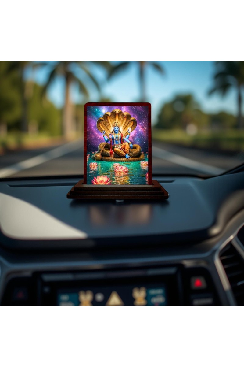 Car Desk/Table Top Lord Vishnu Wooden Photo Stand 3x4 Inches, Compact & Stylish Spiritual Display For Car, Home & Office (Pack Of 1) (F14604)