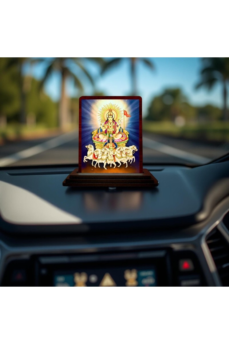 Car Desk/Table Top Lord Surya Wooden Photo Stand 3x4 Inches, Compact & Stylish Spiritual Display For Car, Home & Office (Pack Of 1) (F14514)