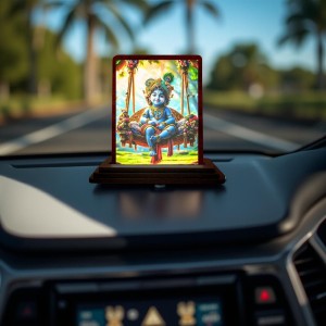 Car Desk/Table Top Lord Krishna Wooden Photo Stand 3x4 Inches, Compact & Stylish Spiritual Display For Car, Home & Office (Pack Of 1) (F14506)