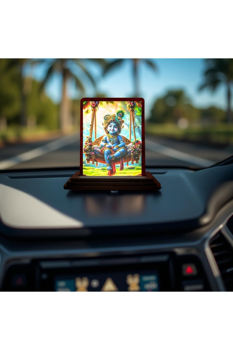 Car Desk/Table Top Lord Krishna Wooden Photo Stand 3x4 Inches, Compact & Stylish Spiritual Display For Car, Home & Office (Pack Of 1) (F14506)