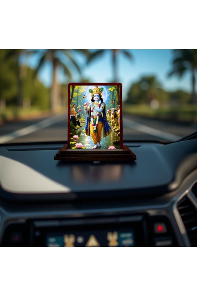 Car Desk/Table Top Lord Krishna Wooden Photo Stand 3x4 Inches, Compact & Stylish Spiritual Display For Car, Home & Office (Pack Of 1) (F14409)
