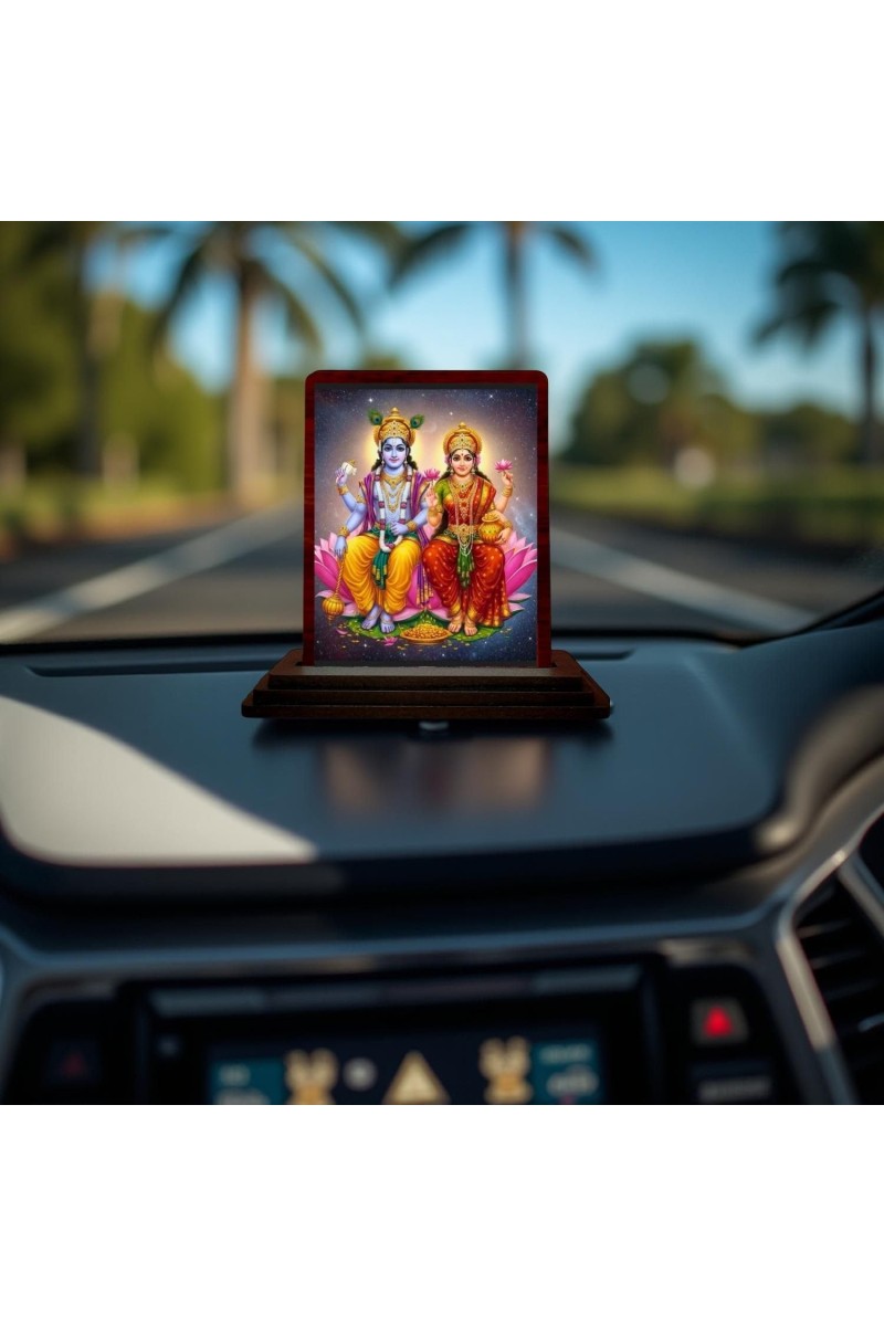 Car Desk/Table Top Lord Vishnu Lakshmi Wooden Photo Stand 3x4 Inches, Compact & Stylish Spiritual Display For Car, Home & Office (Pack Of 1) (F14560)