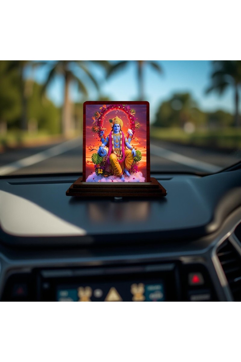 Car Desk/Table Top Lord Vishnu Wooden Photo Stand 3x4 Inches, Compact & Stylish Spiritual Display For Car, Home & Office (Pack Of 1) (F14406)